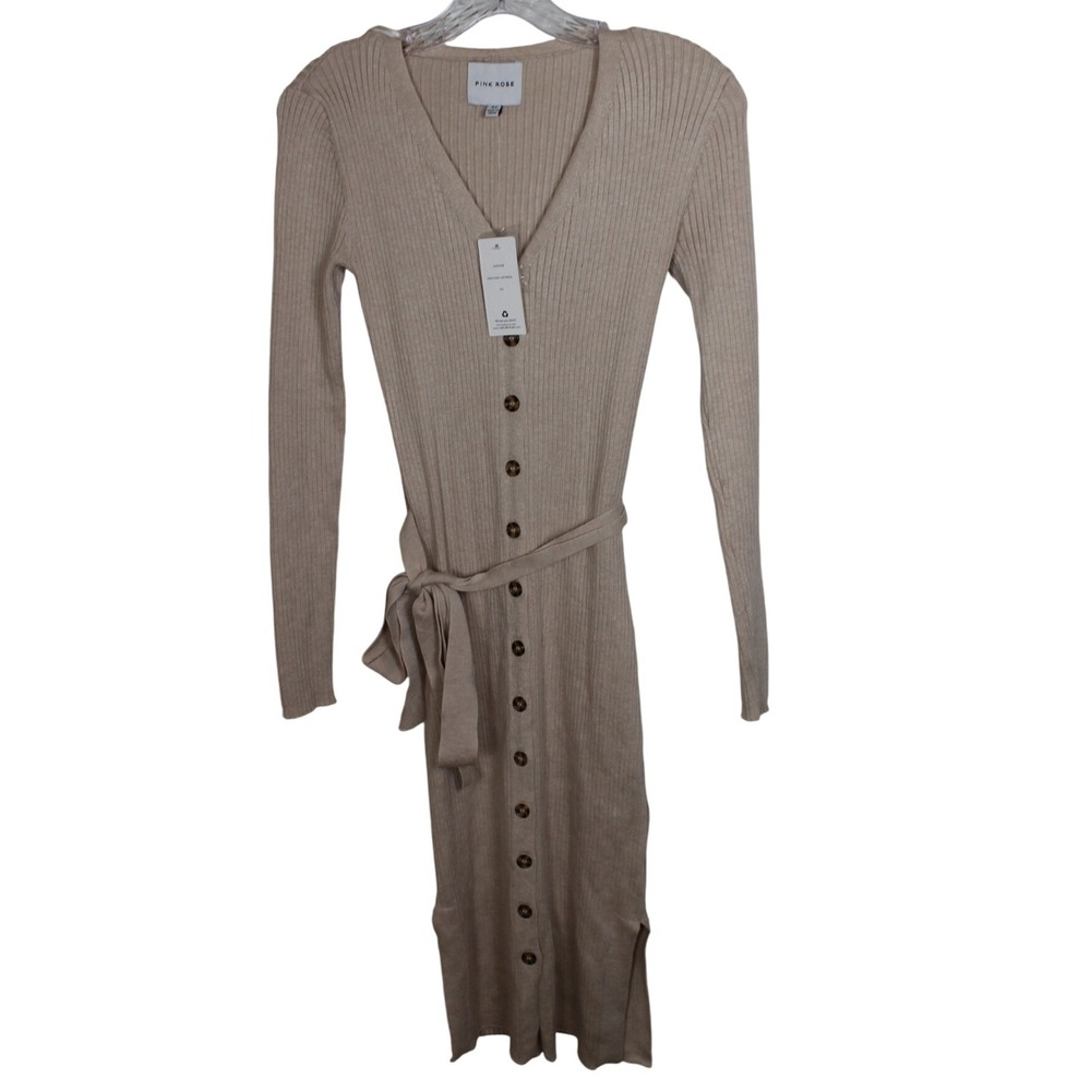 Pink Rose XS Heather Oatmeal Ribbed Knit Button‎ Front Belted Midi Dress